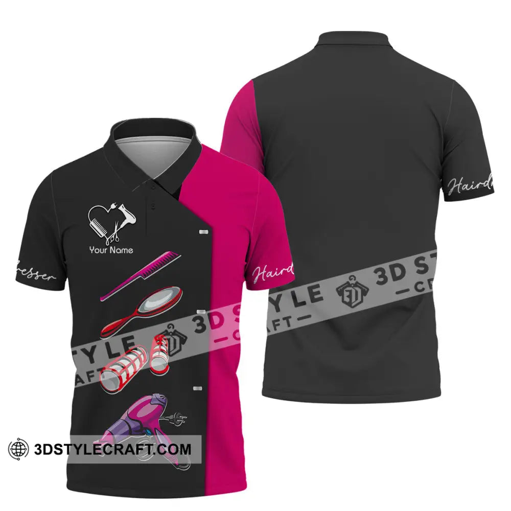 Unisex Shirt - Custom Name Gift For Hairdresser Lover Tools Heart Black And Pink Polo / S T-Shirt