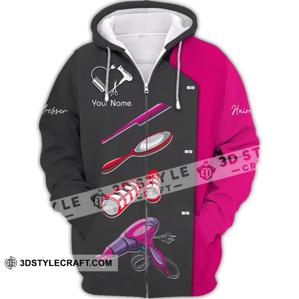 Unisex Shirt - Custom Name Gift For Hairdresser Lover Tools Heart Black And Pink Zipper Hoodie / S