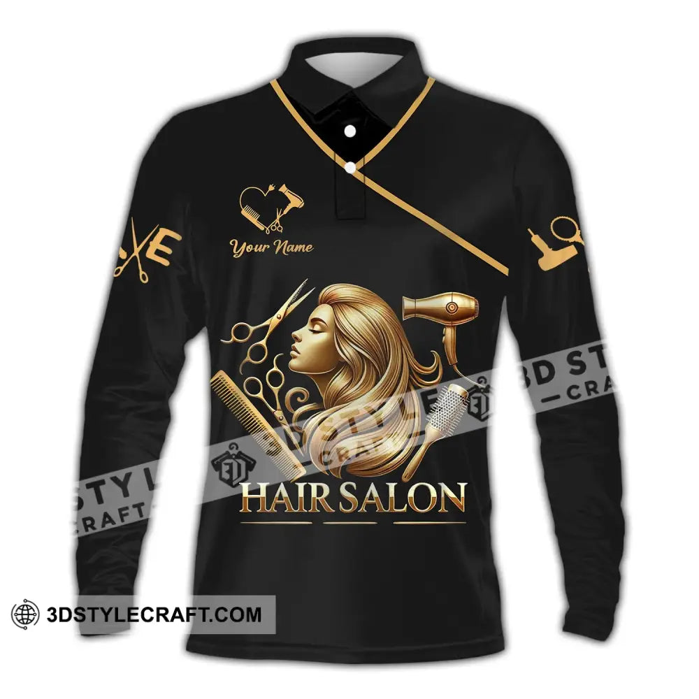 Unisex Shirt - Custom Name Golden Hair Salon Long Sleeve Polo / S T-Shirt