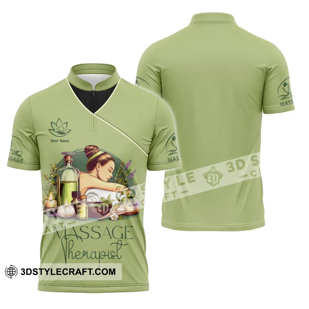 Unisex Shirt - Custom Name Green Tea Massage Therapist Zipper Polo / S T-Shirt