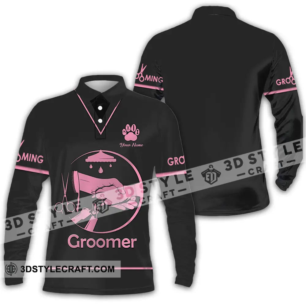 Unisex Shirt - Custom Name Groomer Grooming Long Sleeve Polo / S T-Shirt