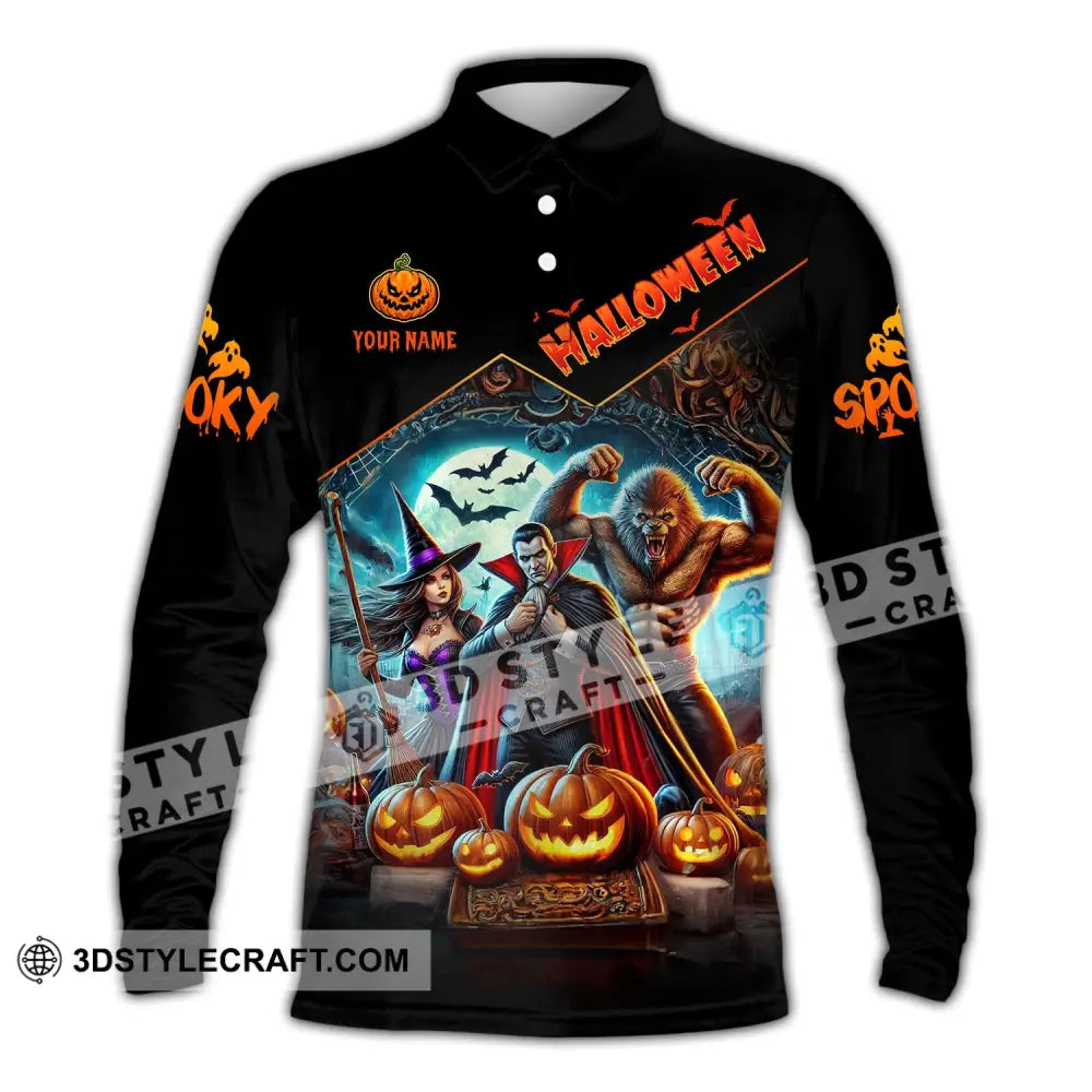 Unisex Shirt - Custom Name Halloween Spooky Long Sleeve Polo / S T-Shirt