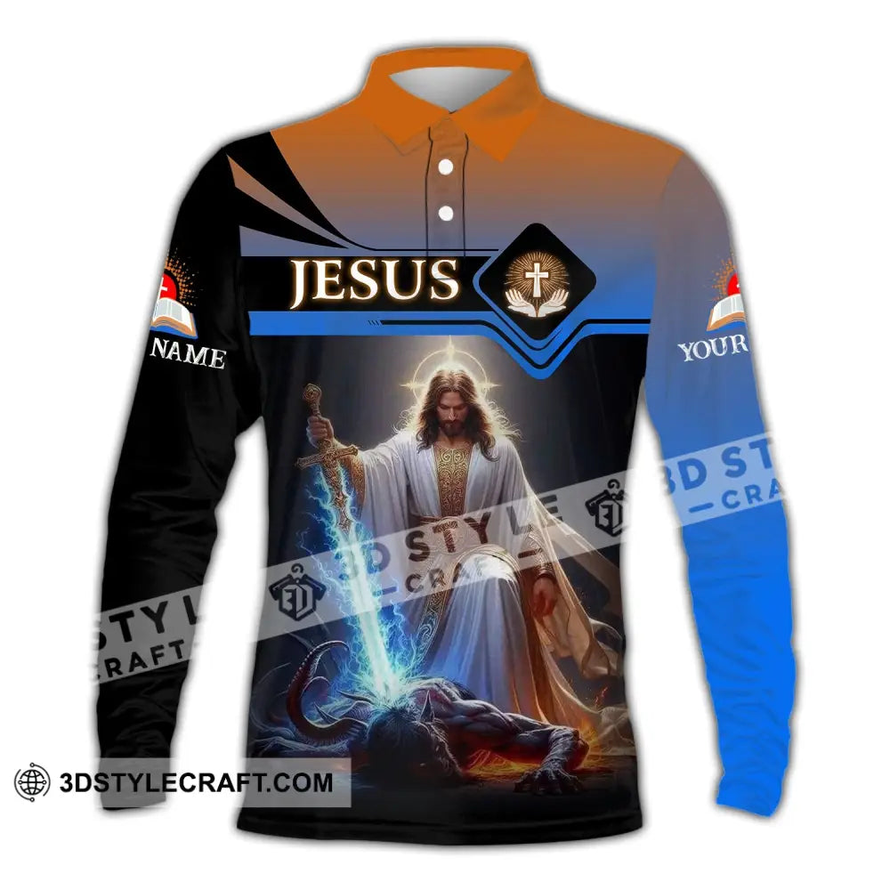 Unisex Shirt - Custom Name Jesus And Sword Long Sleeve Polo / S T-Shirt