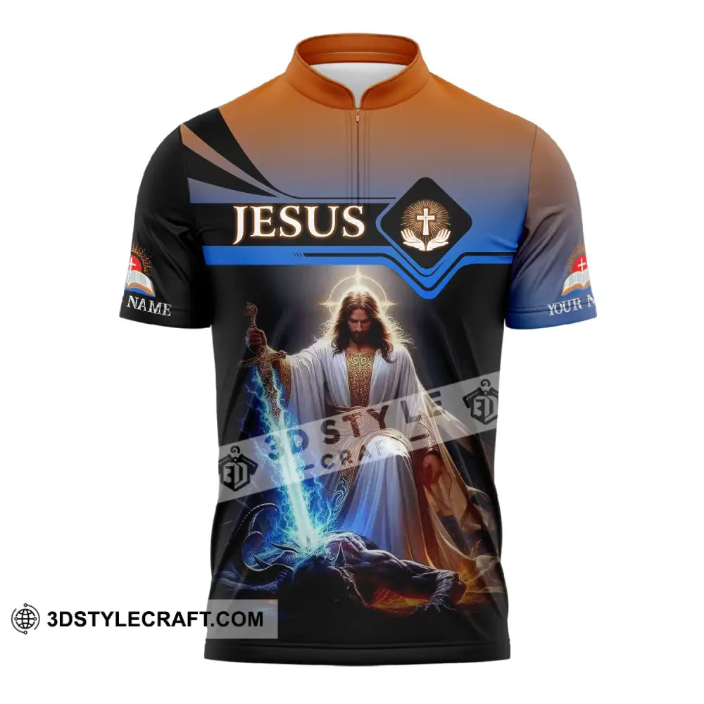 Unisex Shirt - Custom Name Jesus And Sword Zipper Polo / S T-Shirt