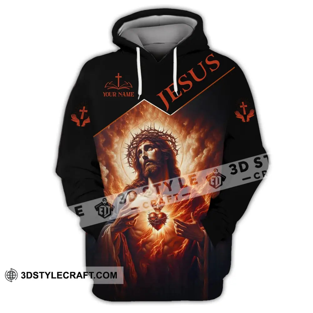 Unisex Shirt - Custom Name Jesus Burning Heart Hoodie / S T-Shirt