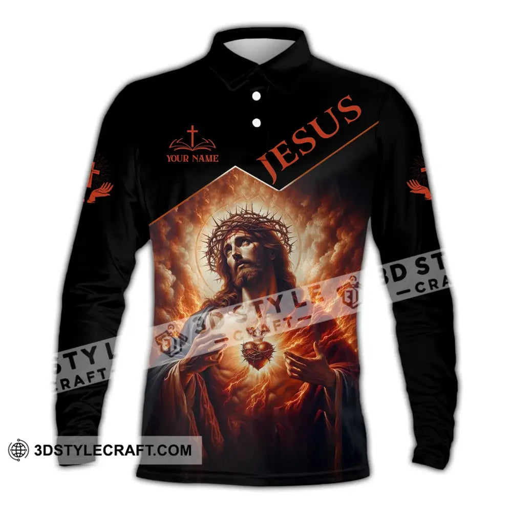 Unisex Shirt - Custom Name Jesus Burning Heart Long Sleeve Polo / S T-Shirt