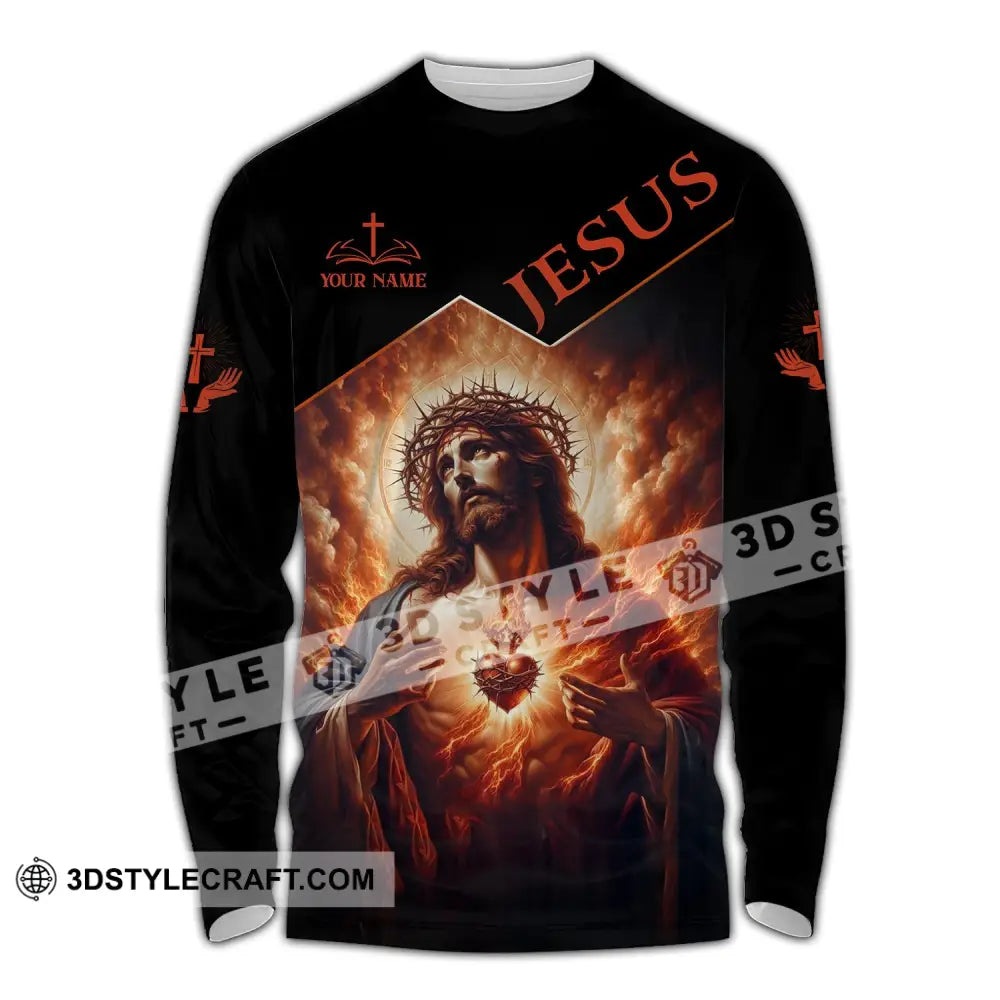 Unisex Shirt - Custom Name Jesus Burning Heart Long Sleeve / S T-Shirt