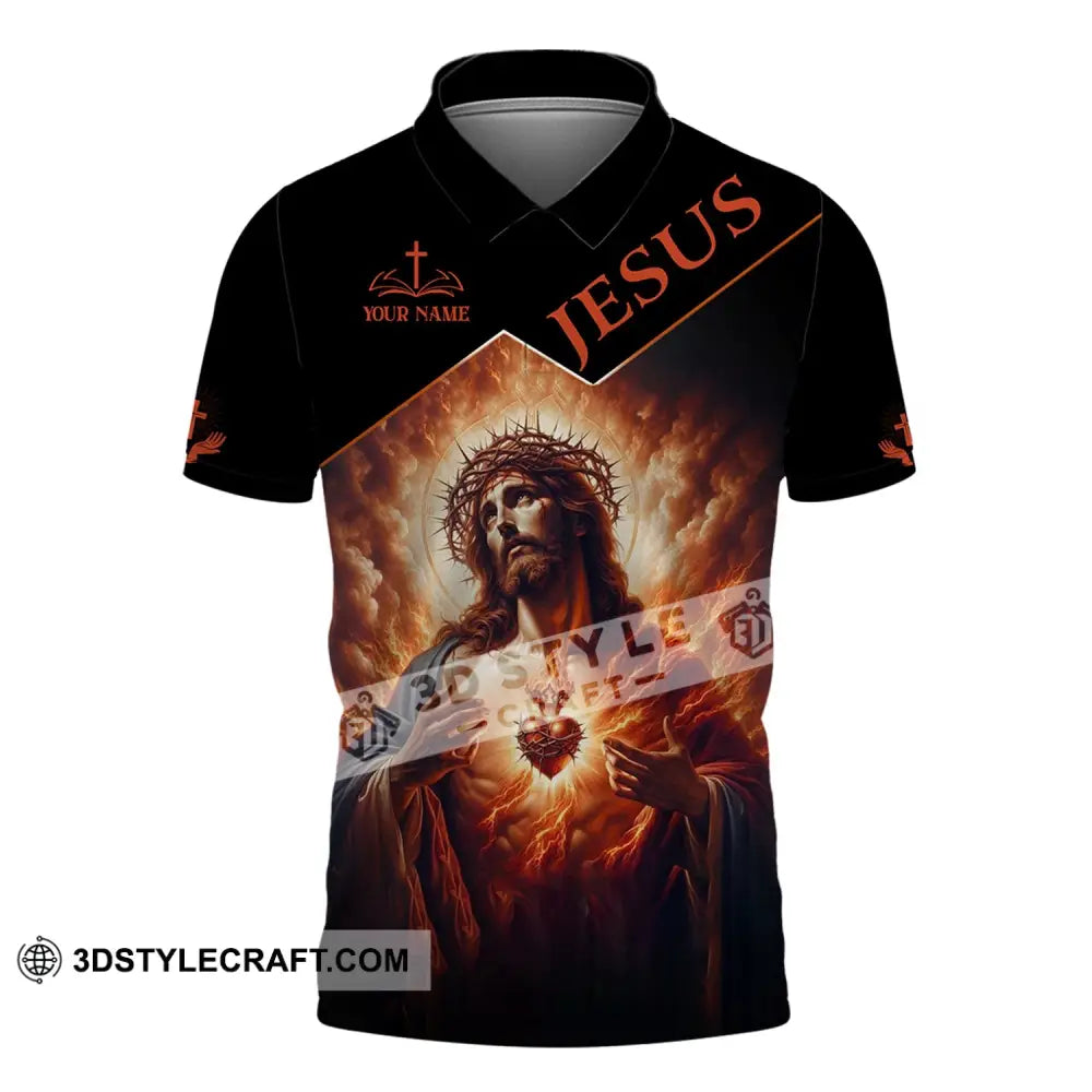 Unisex Shirt - Custom Name Jesus Burning Heart Polo / S T-Shirt