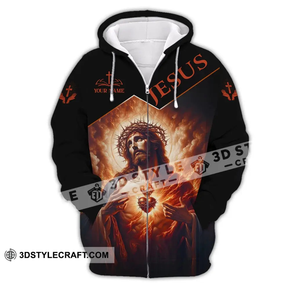 Unisex Shirt - Custom Name Jesus Burning Heart Zipper Hoodie / S T-Shirt