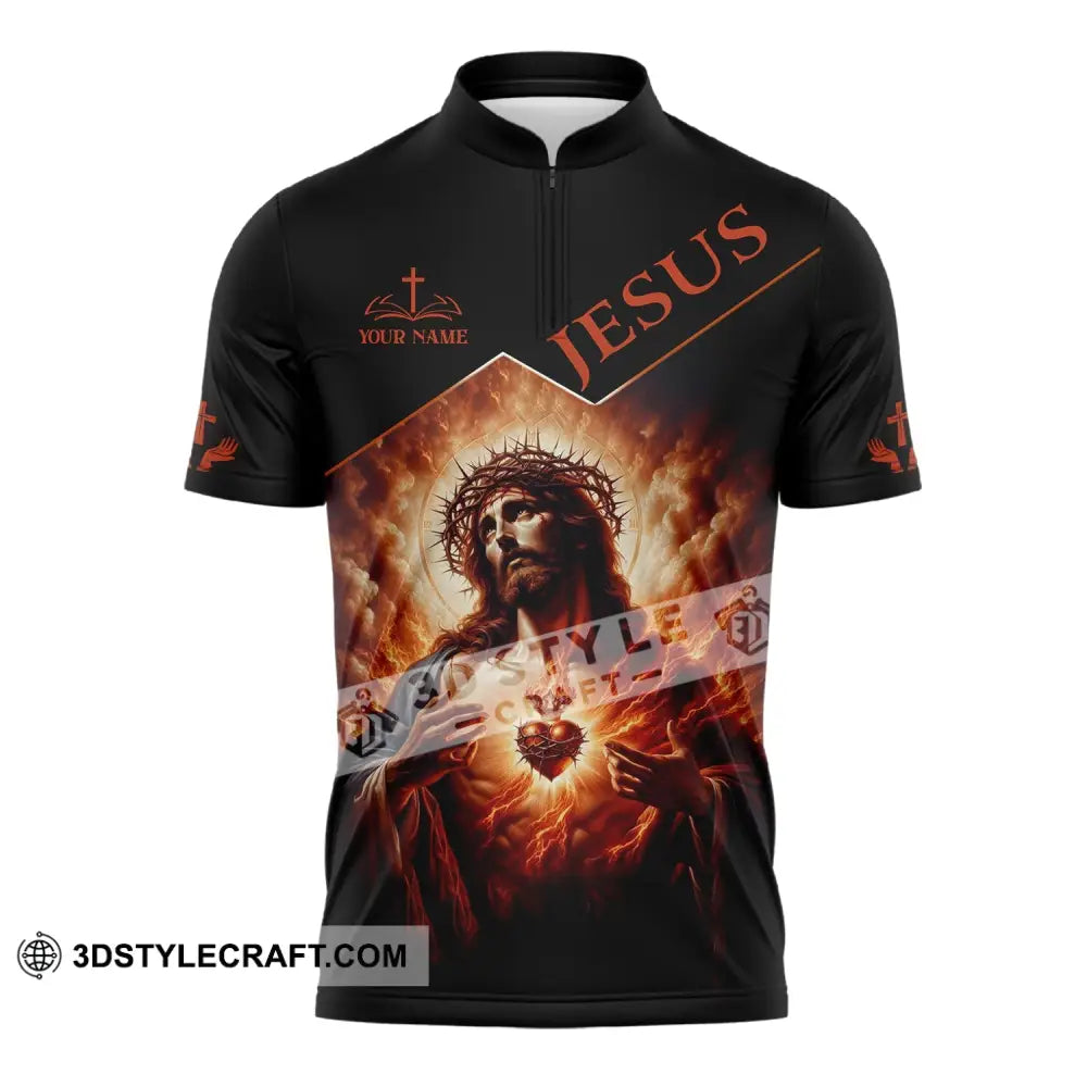 Unisex Shirt - Custom Name Jesus Burning Heart Zipper Polo / S T-Shirt