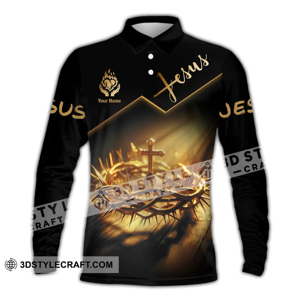 Unisex Shirt - Custom Name Jesus Crown Of Thorns Long Sleeve Polo / S T-Shirt