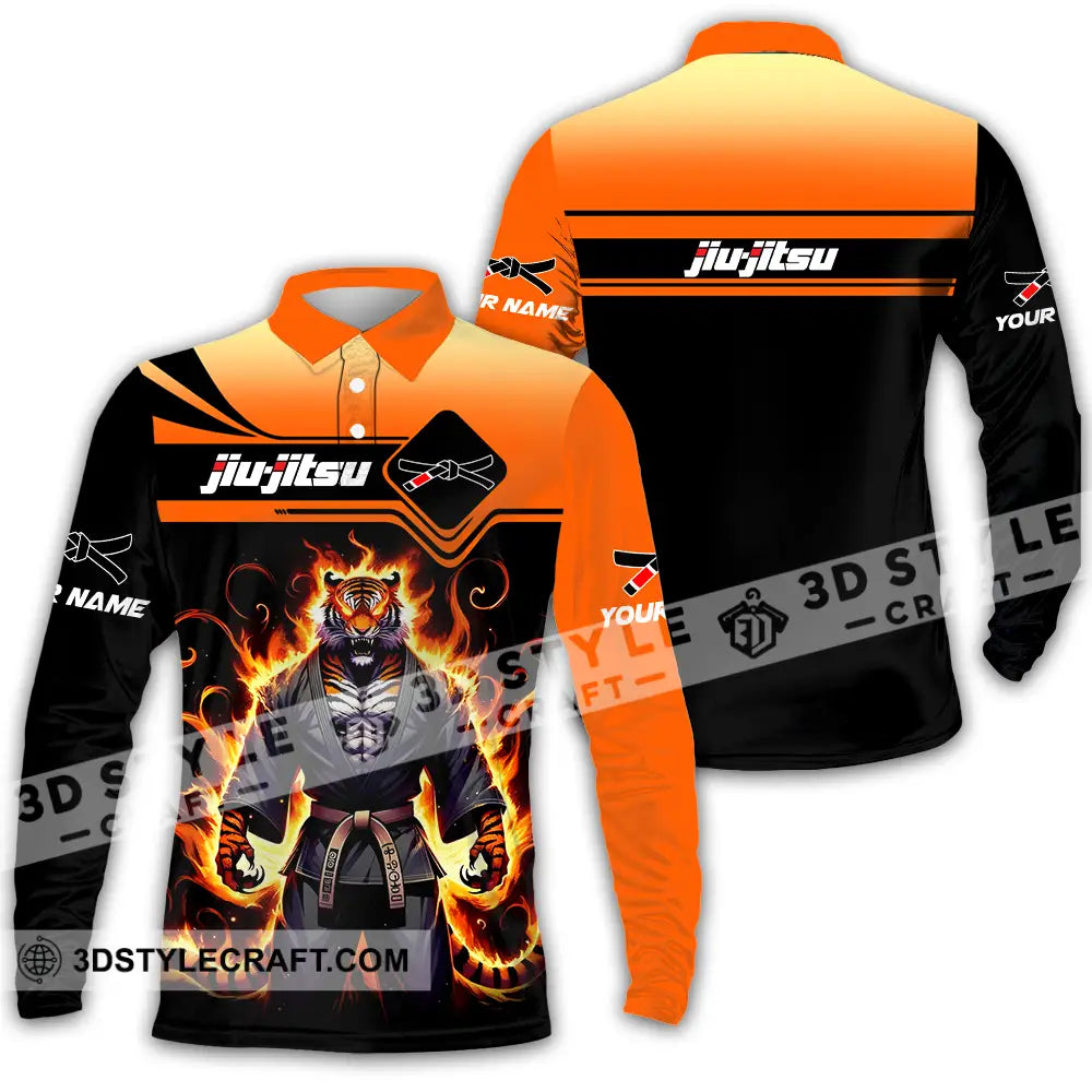 Unisex Shirt - Custom Name Jiu Jitsu Fire Tiger Long Sleeve Polo / S T-Shirt