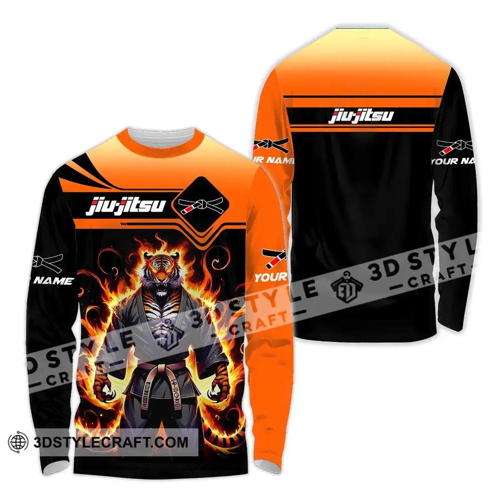 Unisex Shirt - Custom Name Jiu Jitsu Fire Tiger Long Sleeve / S T-Shirt