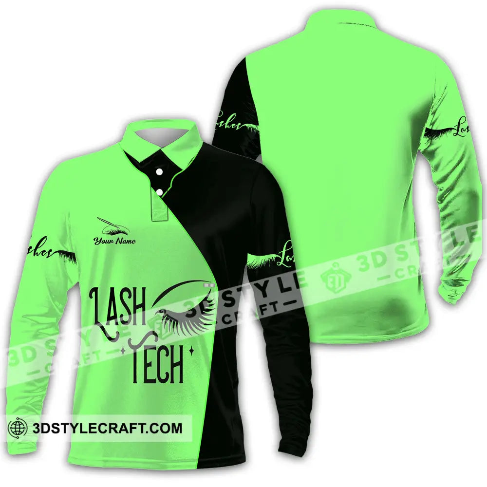 Unisex Shirt - Custom Name Lash Teach Light Green And Black Long Sleeve Polo / S T-Shirt