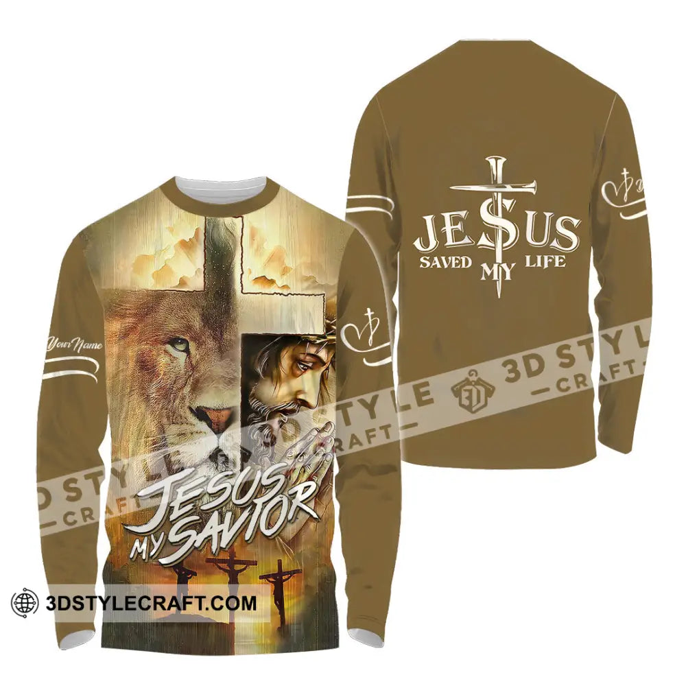 Unisex Shirt - Custom Name Lion Jesus Saved My Life Long Sleeve / S T-Shirt