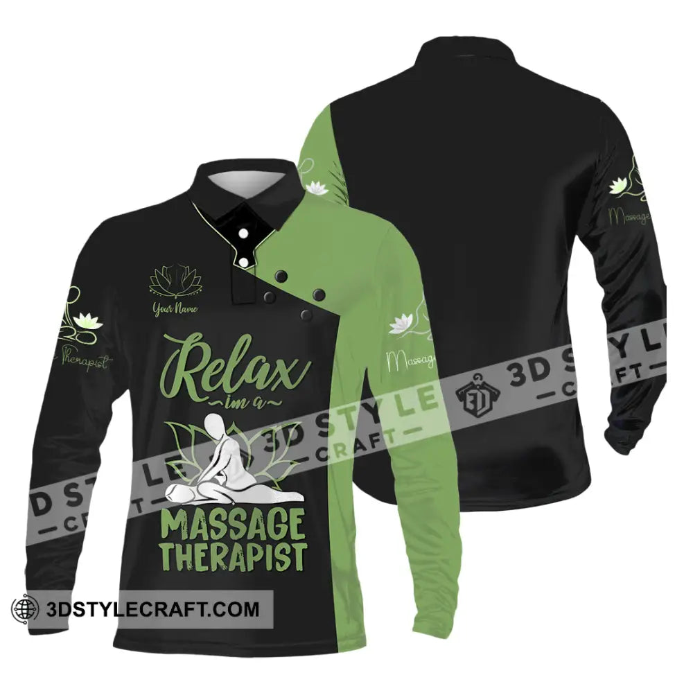 Unisex Shirt - Custom Name Massage Therapist Green Tools Long Sleeve Polo / S T-Shirt