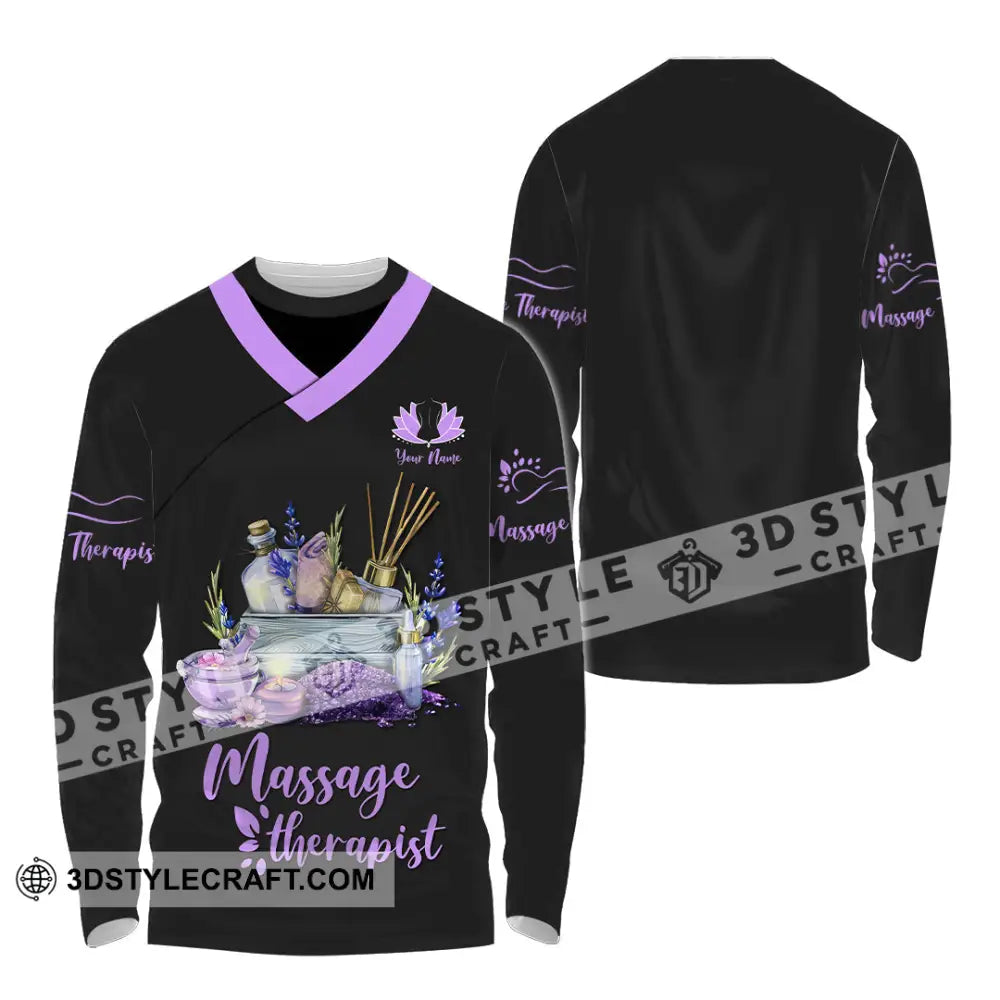 Unisex Shirt - Custom Name Massage Therapist Purple Line Long Sleeve / S T-Shirt