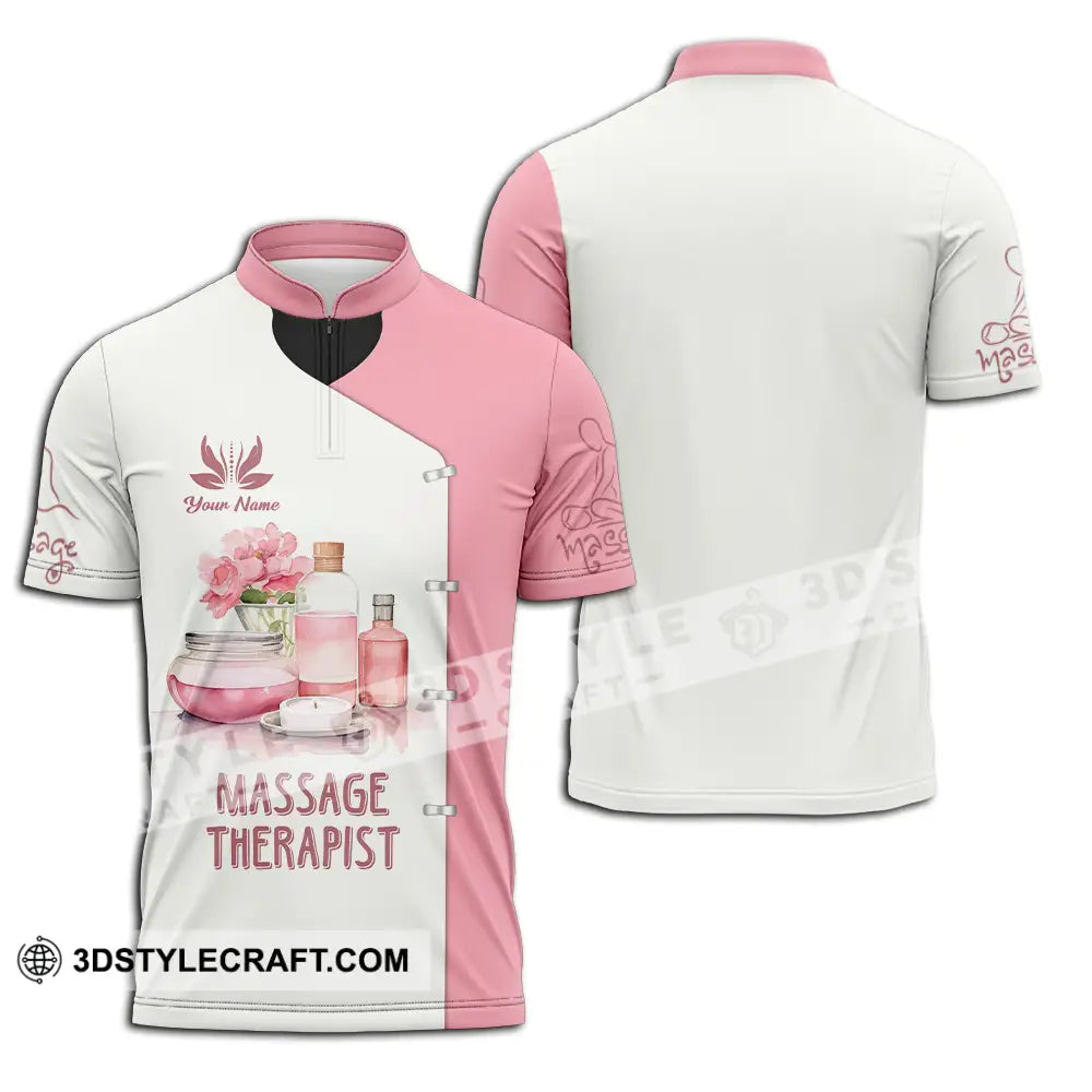 Unisex Shirt - Custom Name Massage Therapist White And Light Pink Zipper Polo / S T-Shirt