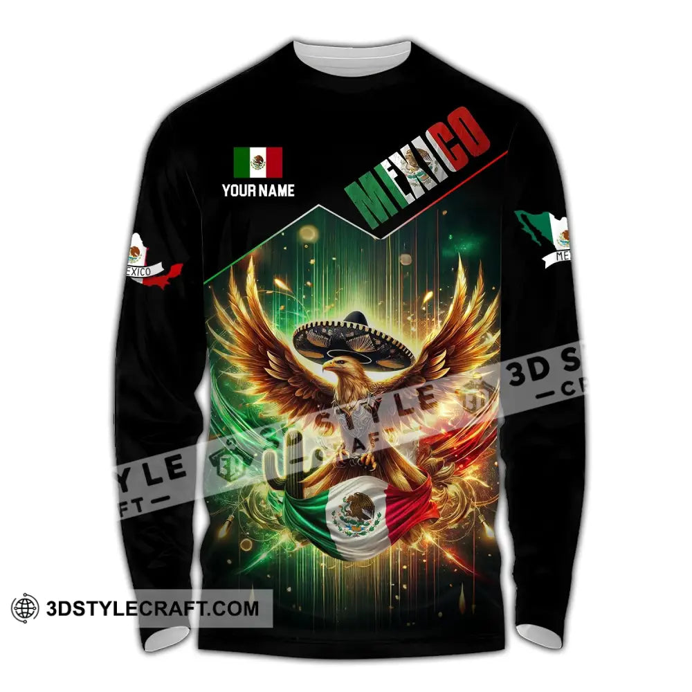 Unisex Shirt - Custom Name Mexico Flag And Icon Long Sleeve / S T-Shirt