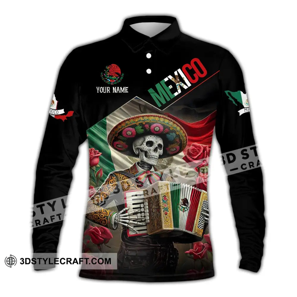 Unisex Shirt - Custom Name Mexico Skull Long Sleeve Polo / S T-Shirt