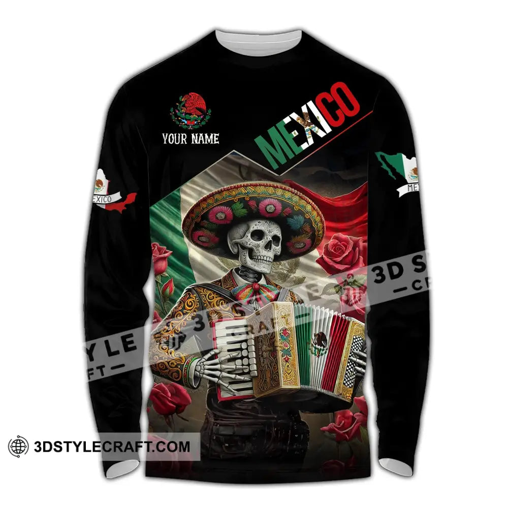 Unisex Shirt - Custom Name Mexico Skull Long Sleeve / S T-Shirt