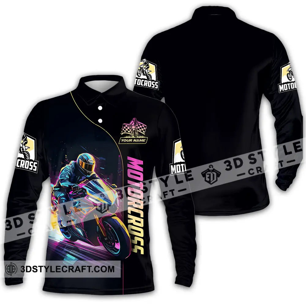 Unisex Shirt - Custom Name Moto Bike Player Sport Motocross Long Sleeve Polo / S T-Shirt