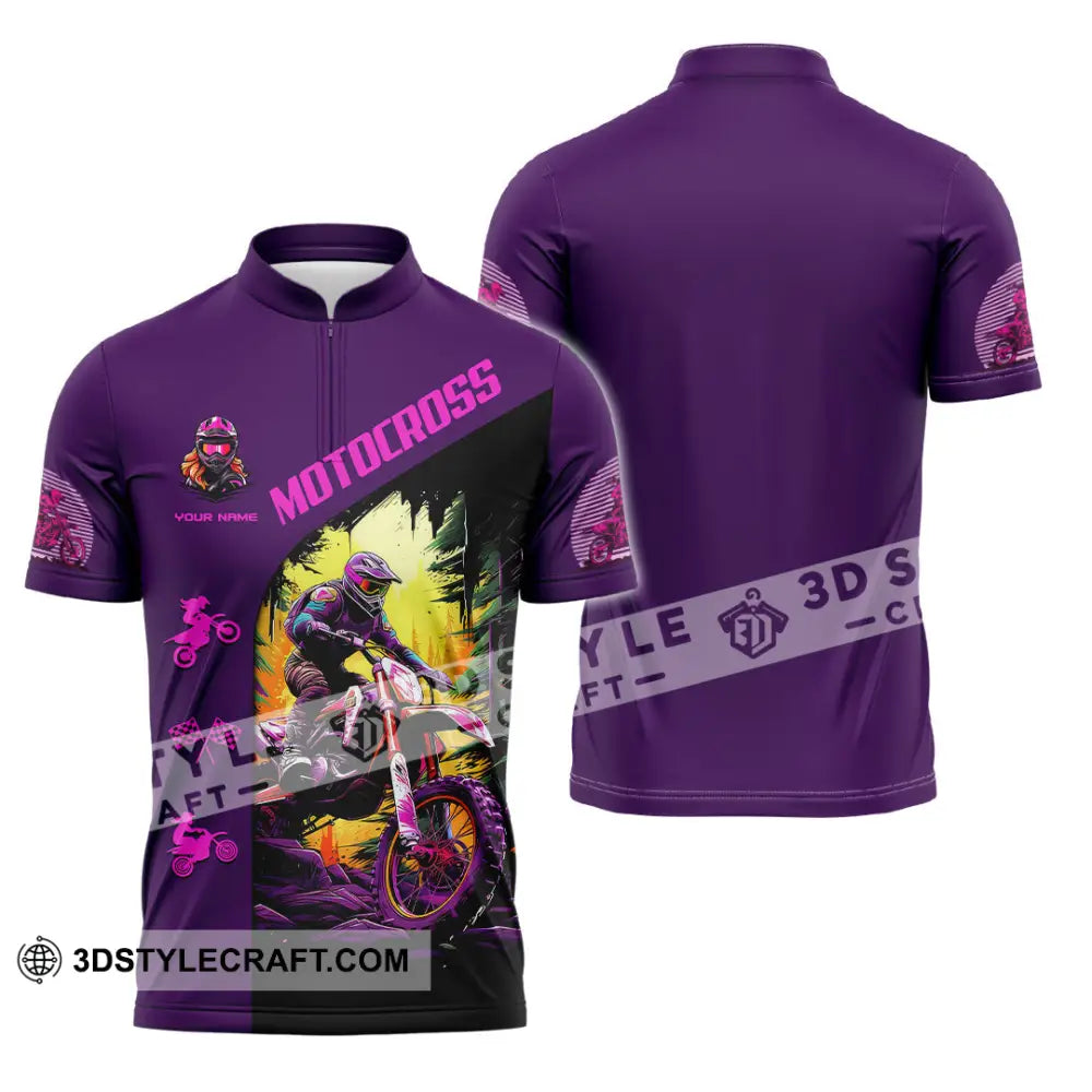 Unisex Shirt - Custom Name Motocross Sport Purple Zipper Polo / S T-Shirt