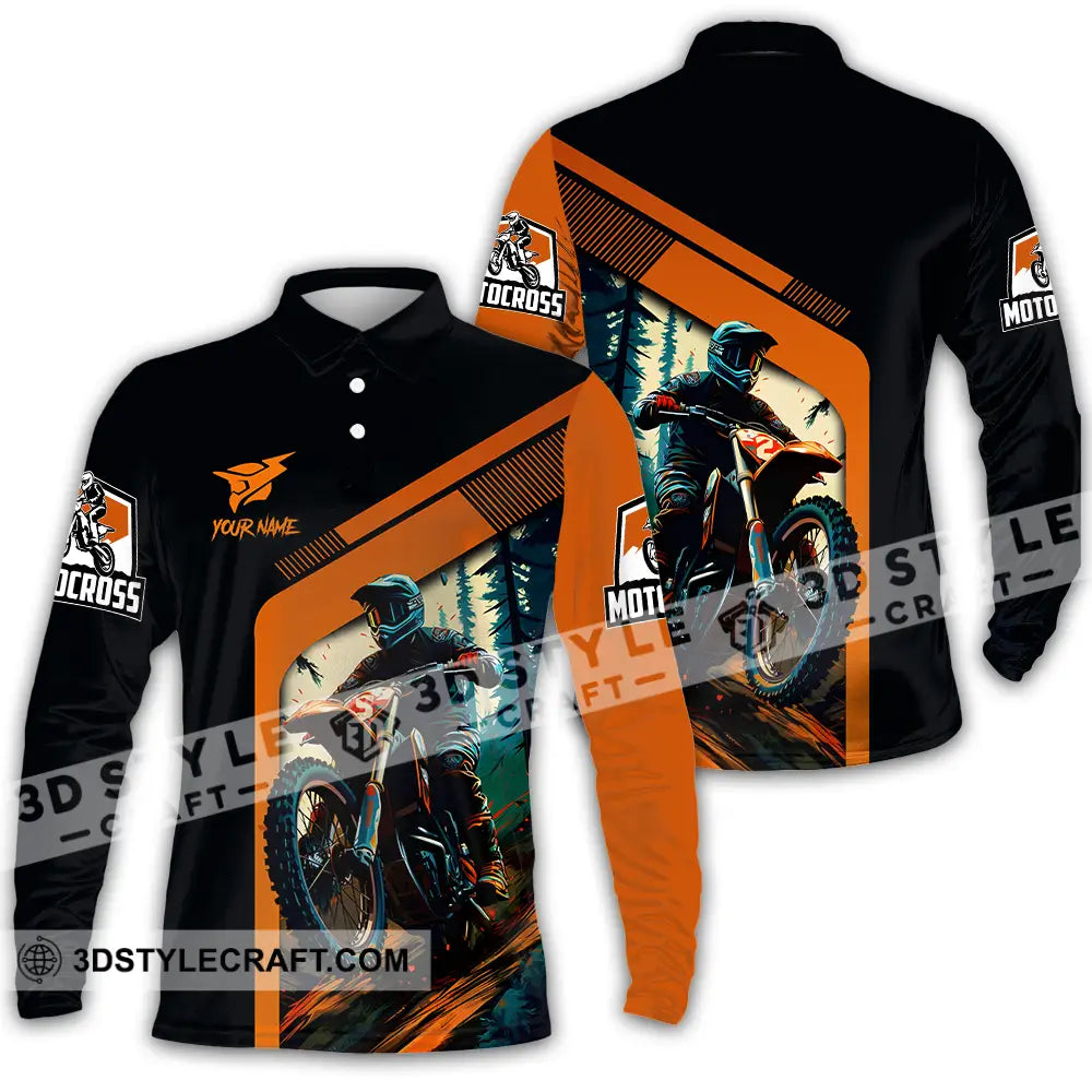 Unisex Shirt - Custom Name Mountain Bike For Player Black Orange Long Sleeve Polo / S T-Shirt