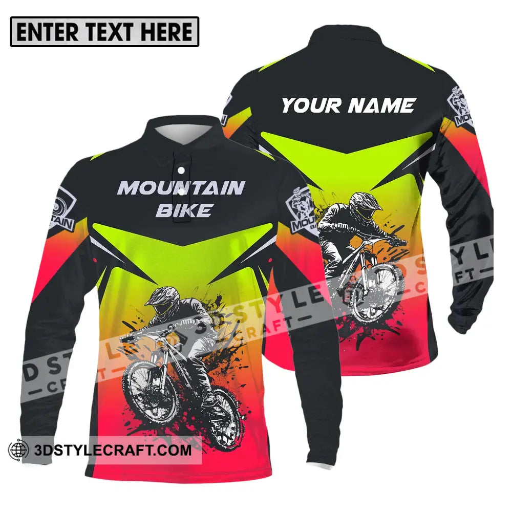 Unisex Shirt - Custom Name Mountain Bike For Player Three Color Long Sleeve Polo / S T-Shirt