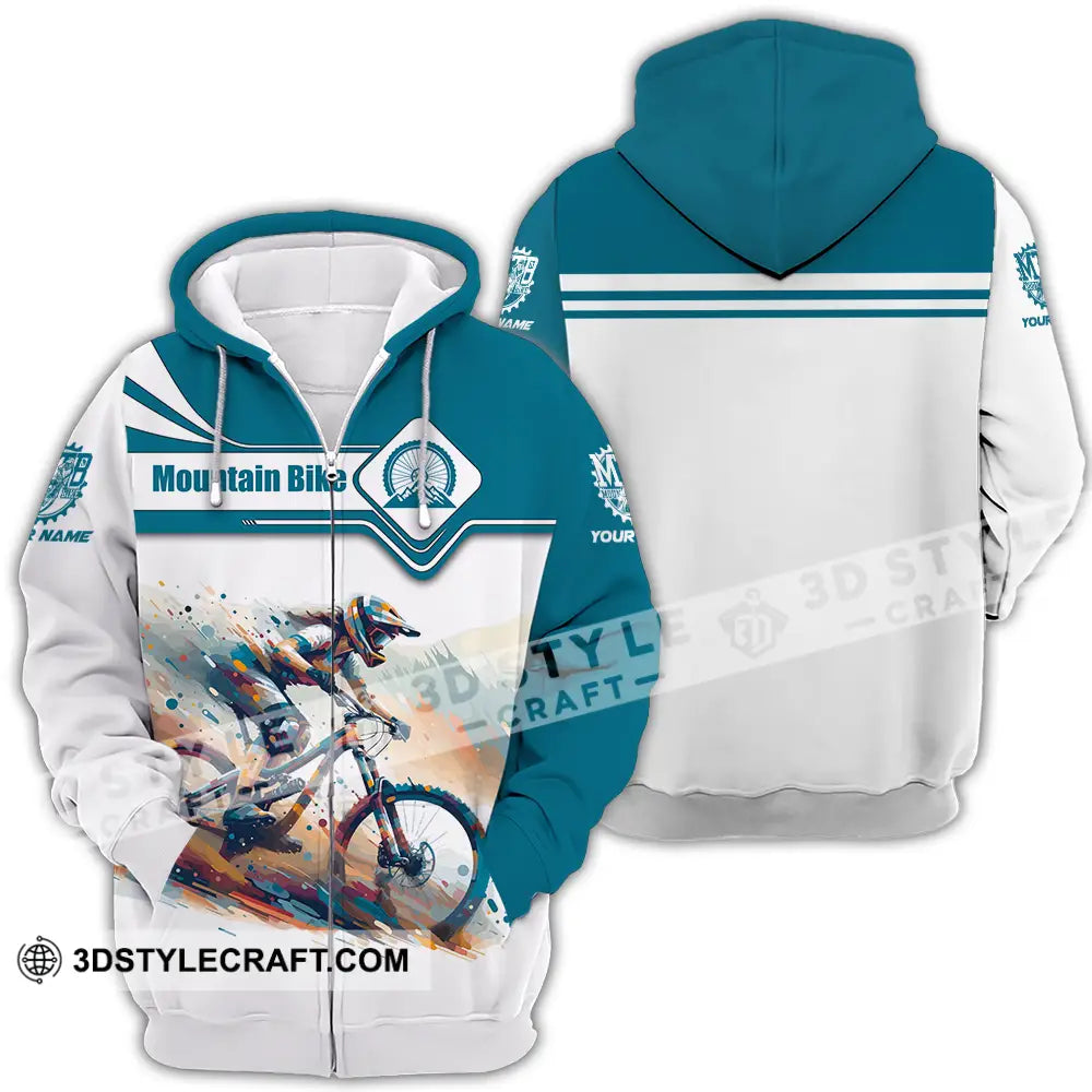 Unisex Shirt - Custom Name Mountain Bike Sport Blue And White Biker Zipper Hoodie / S T-Shirt