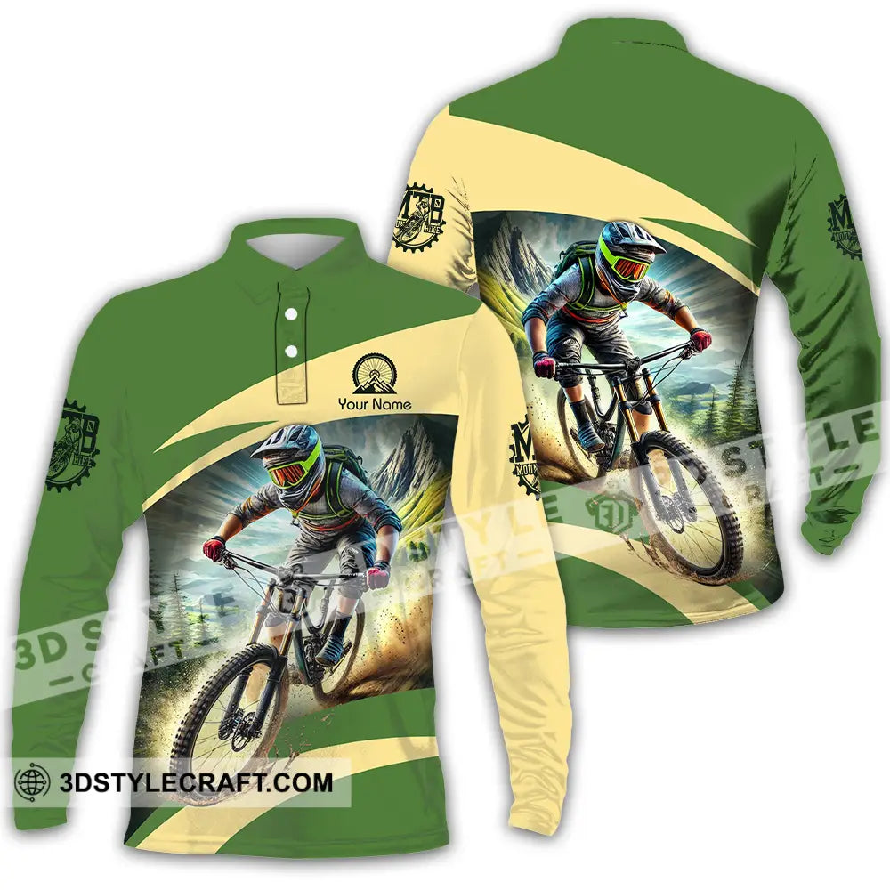 Unisex Shirt - Custom Name Mountain Bike Sport Green Biker Long Sleeve Polo / S T-Shirt