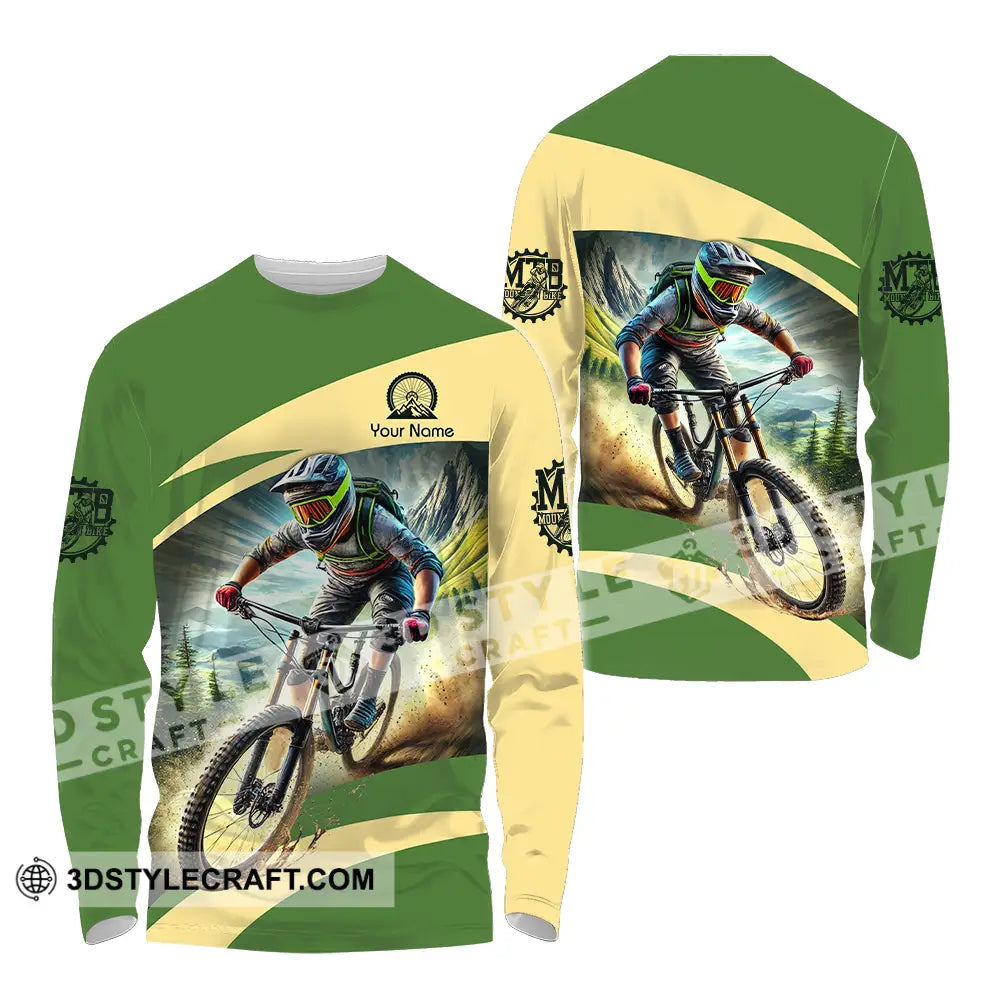 Unisex Shirt - Custom Name Mountain Bike Sport Green Biker Long Sleeve / S T-Shirt