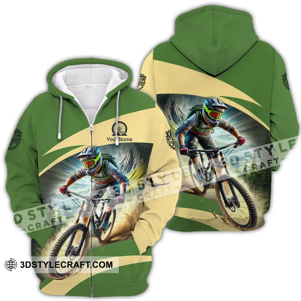 Unisex Shirt - Custom Name Mountain Bike Sport Green Biker Zipper Hoodie / S T-Shirt