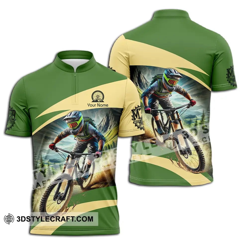 Unisex Shirt - Custom Name Mountain Bike Sport Green Biker Zipper Polo / S T-Shirt