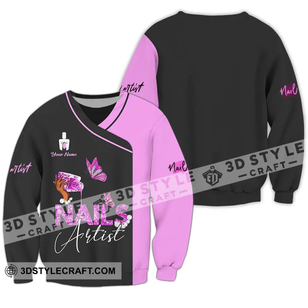 Unisex Shirt - Custom Name Nail Artist Purple Butterfly Long Sleeve / S T-Shirt