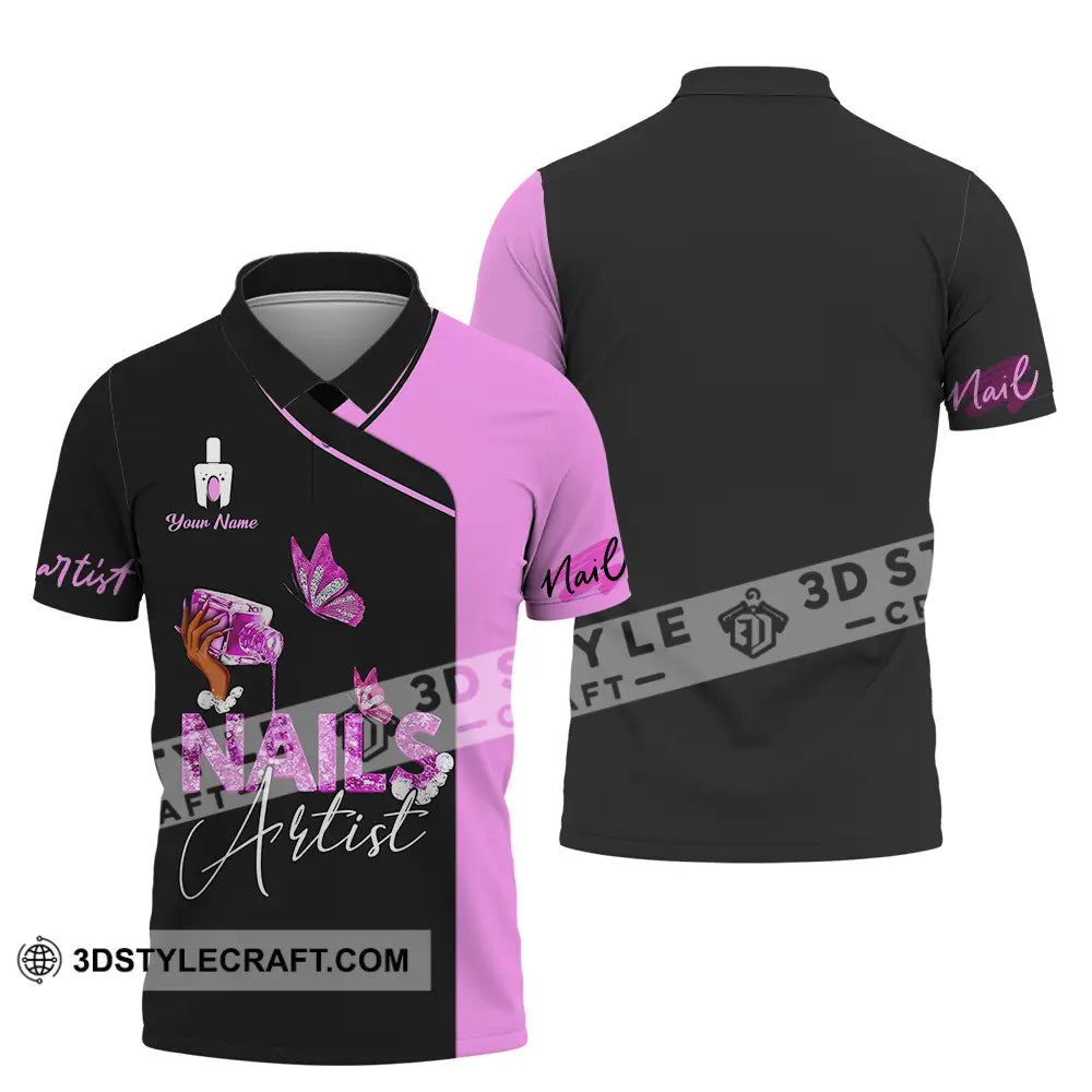 Unisex Shirt - Custom Name Nail Artist Purple Butterfly Polo / S T-Shirt