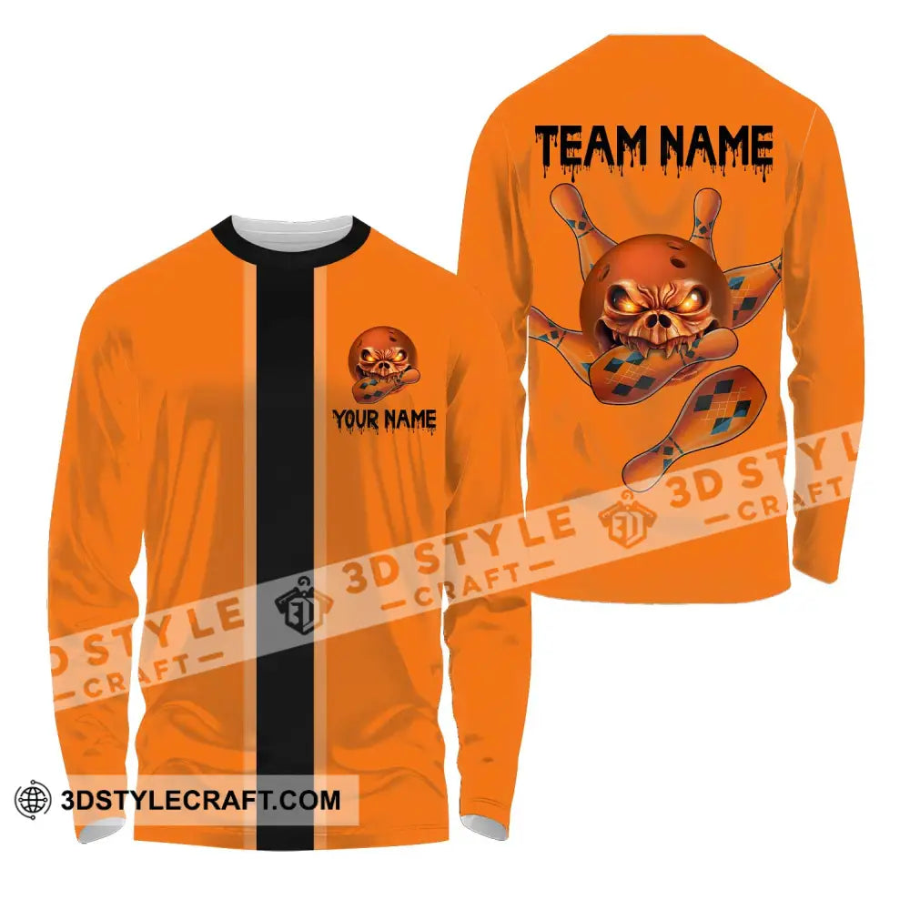 Unisex Shirt - Custom Name Orange Skull Bowling Long Sleeve / S T-Shirt