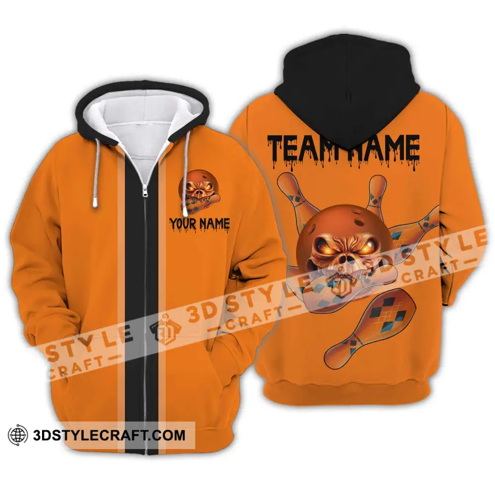 Unisex Shirt - Custom Name Orange Skull Bowling Zipper Hoodie / S T-Shirt