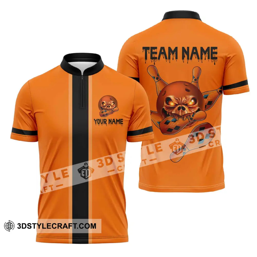 Unisex Shirt - Custom Name Orange Skull Bowling Zipper Polo / S T-Shirt