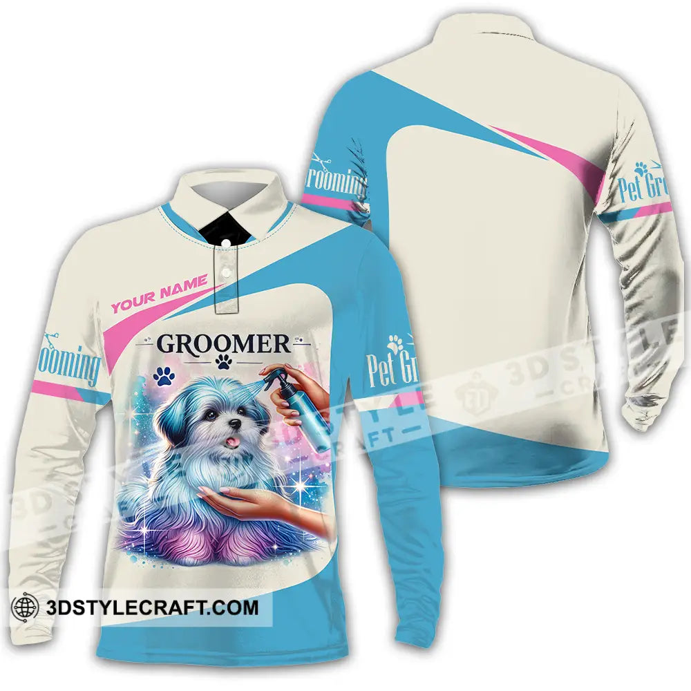 Unisex Shirt - Custom Name Pet Groomer Long Sleeve Polo / S T-Shirt