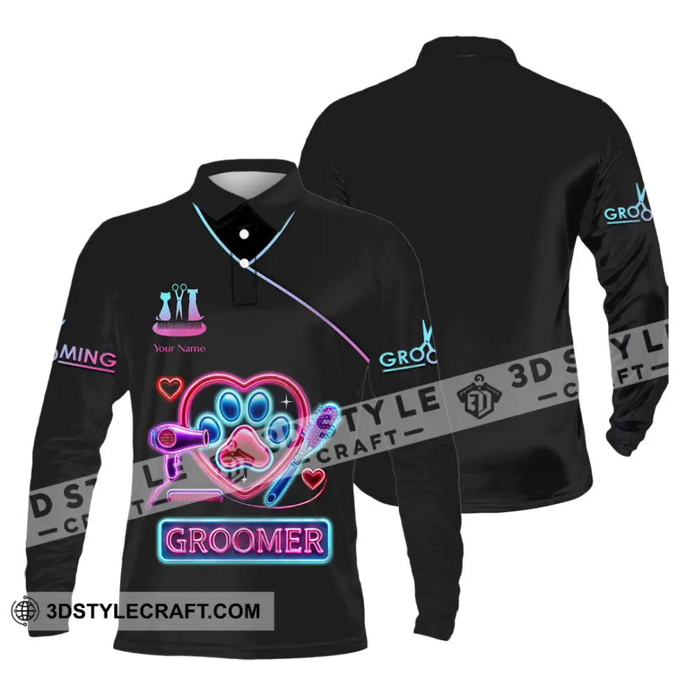 Unisex Shirt Custom Name Pet Groomer Polo Long Sleeve Shop Uniform / S T-Shirt