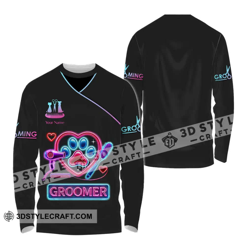 Unisex Shirt Custom Name Pet Groomer Polo Long Sleeve Shop Uniform / S T-Shirt