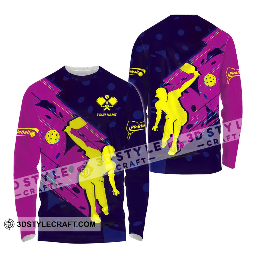 Unisex Shirt - Custom Name Pickleball Purple Yellow Long Sleeve / S T-Shirt