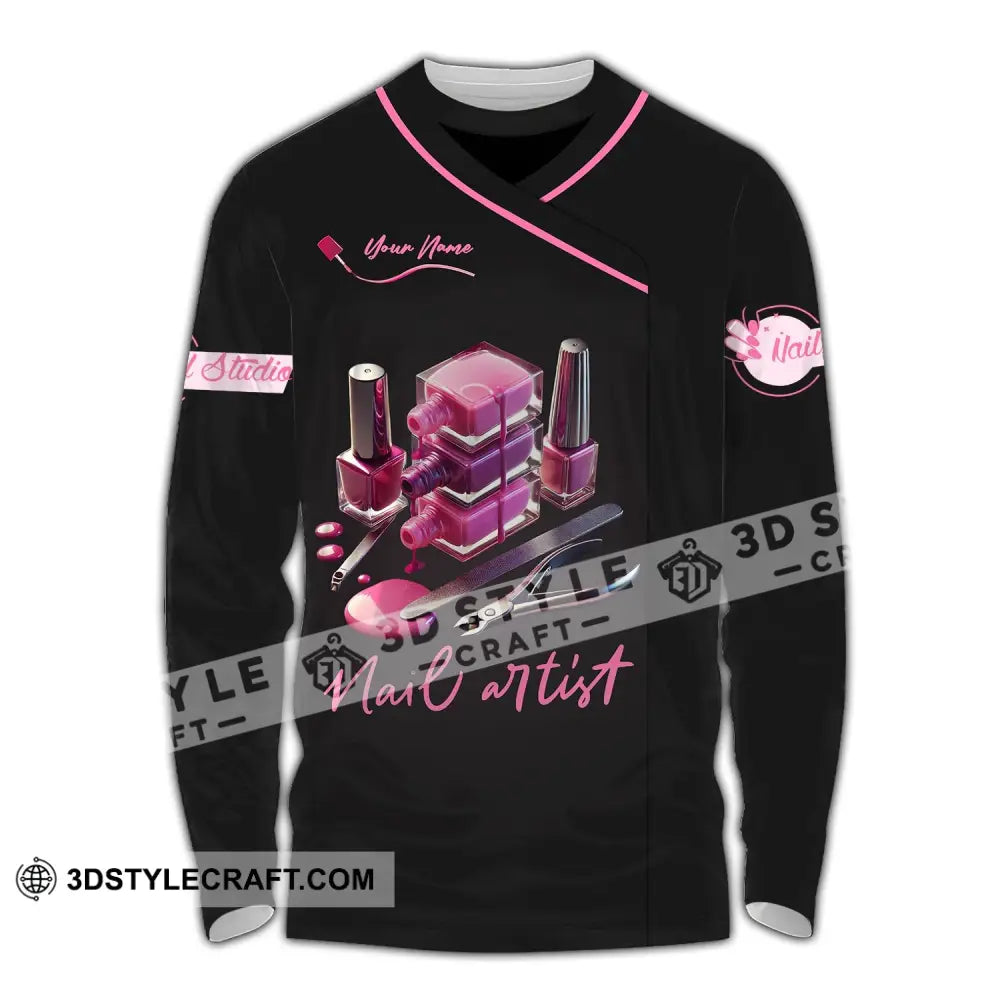 Unisex Shirt - Custom Name Pink Nail Artist Long Sleeve / S T-Shirt