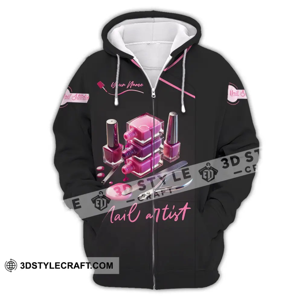 Unisex Shirt - Custom Name Pink Nail Artist Zipper Hoodie / S T-Shirt