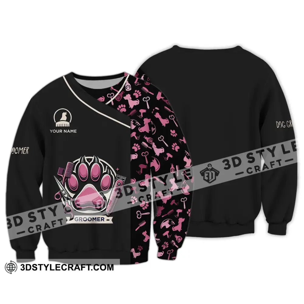 Unisex Shirt - Custom Name Pink Paw Groomer Long Sleeve / S T-Shirt