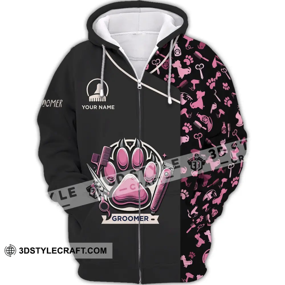 Unisex Shirt - Custom Name Pink Paw Groomer Zipper Hoodie / S T-Shirt