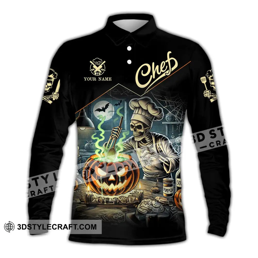 Unisex Shirt - Custom Name Pumpkin Halloween Skull Chef Long Sleeve Polo / S T-Shirt