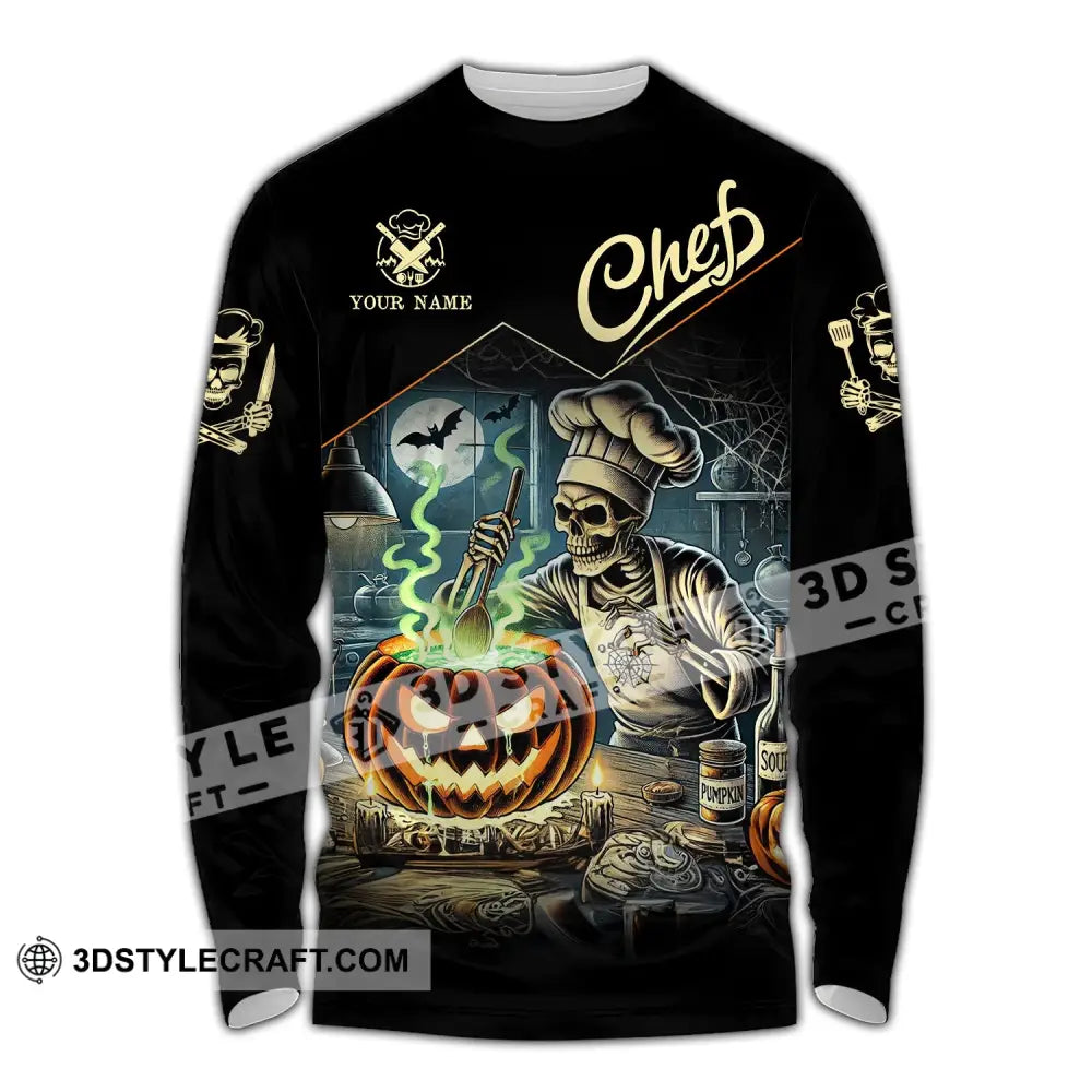 Unisex Shirt - Custom Name Pumpkin Halloween Skull Chef Long Sleeve / S T-Shirt