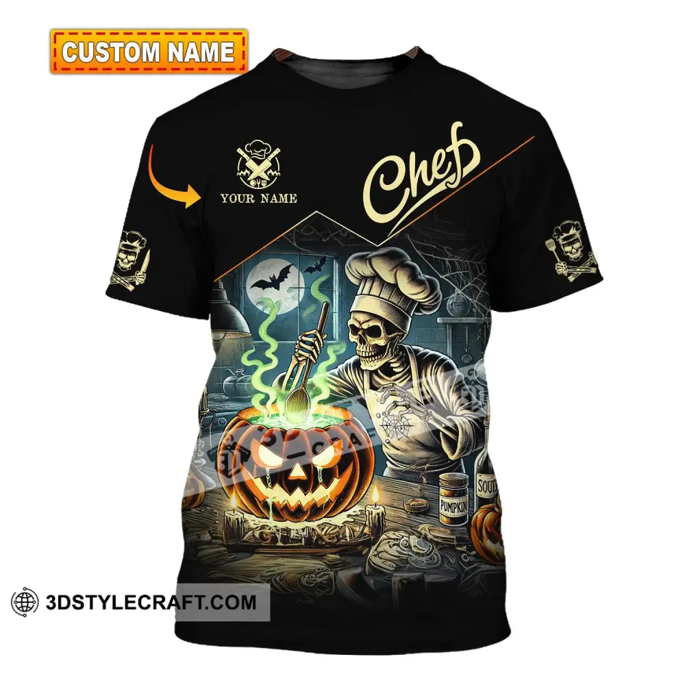 Unisex Shirt - Custom Name Pumpkin Halloween Skull Chef T-Shirt